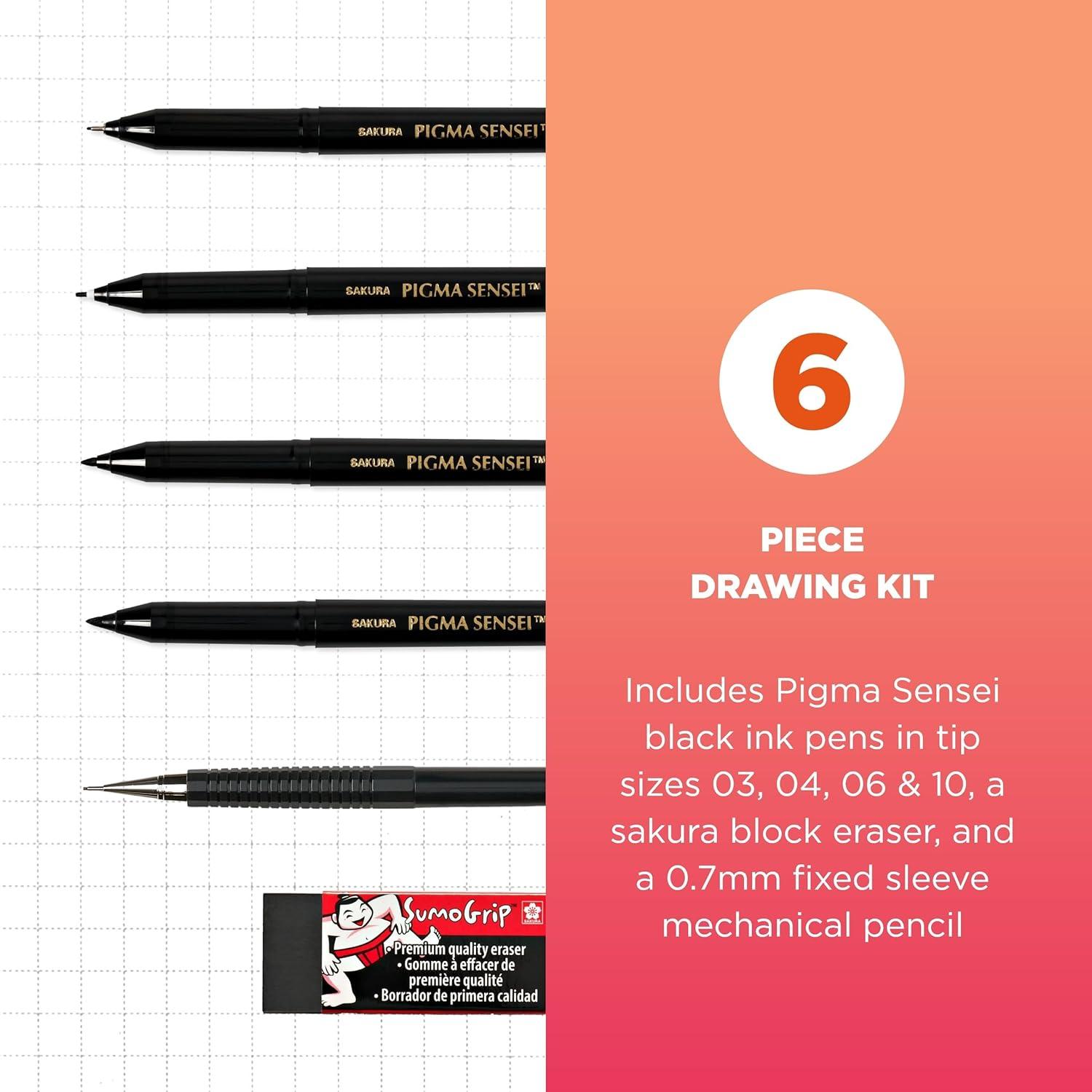 SAKURA 50204 8-Piece Pigma Sensei Manga Drawing Kit, Black(6-PC Drawing Set)