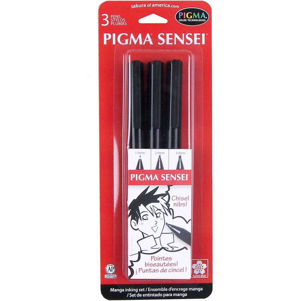SAKURA 50204 8-Piece Pigma Sensei Manga Drawing Kit, Black(3-PC Black Chisel Set)