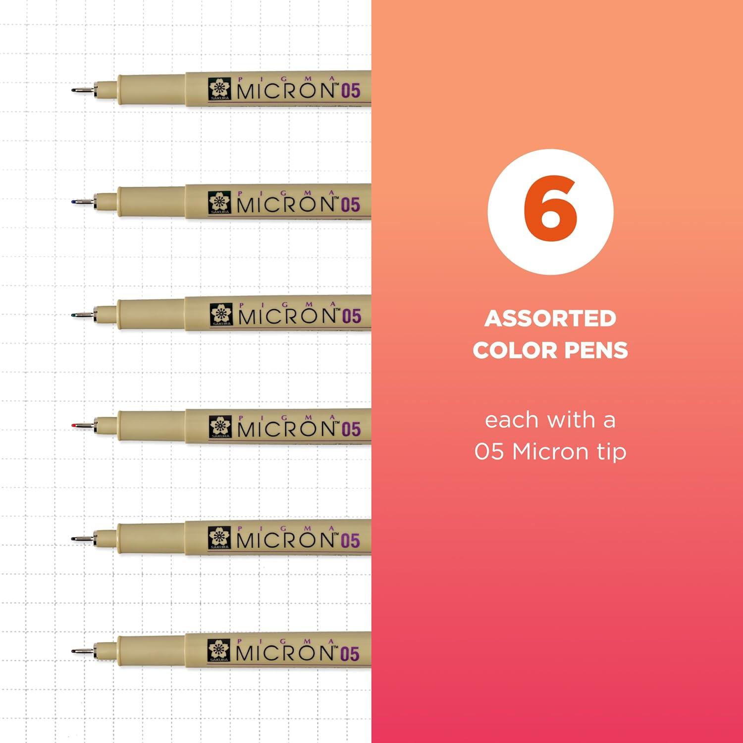 SAKURA Pigma Micron Fineliner Pens, 03 Tip Size, Archival Ass’t Colors, 6 PK 50049(05 Tip)