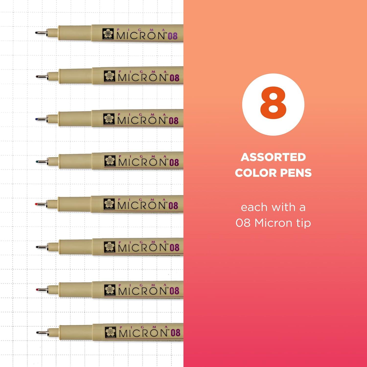 SAKURA Pigma Micron Fineliner Pens – Archival Black and Colored Ink Pens – For Writing, Drawing, or Journaling – Black and Assorted Colored Ink – 08 Nib Size – Fine Line – 8 Pack(08 Tip (Pack of 1))