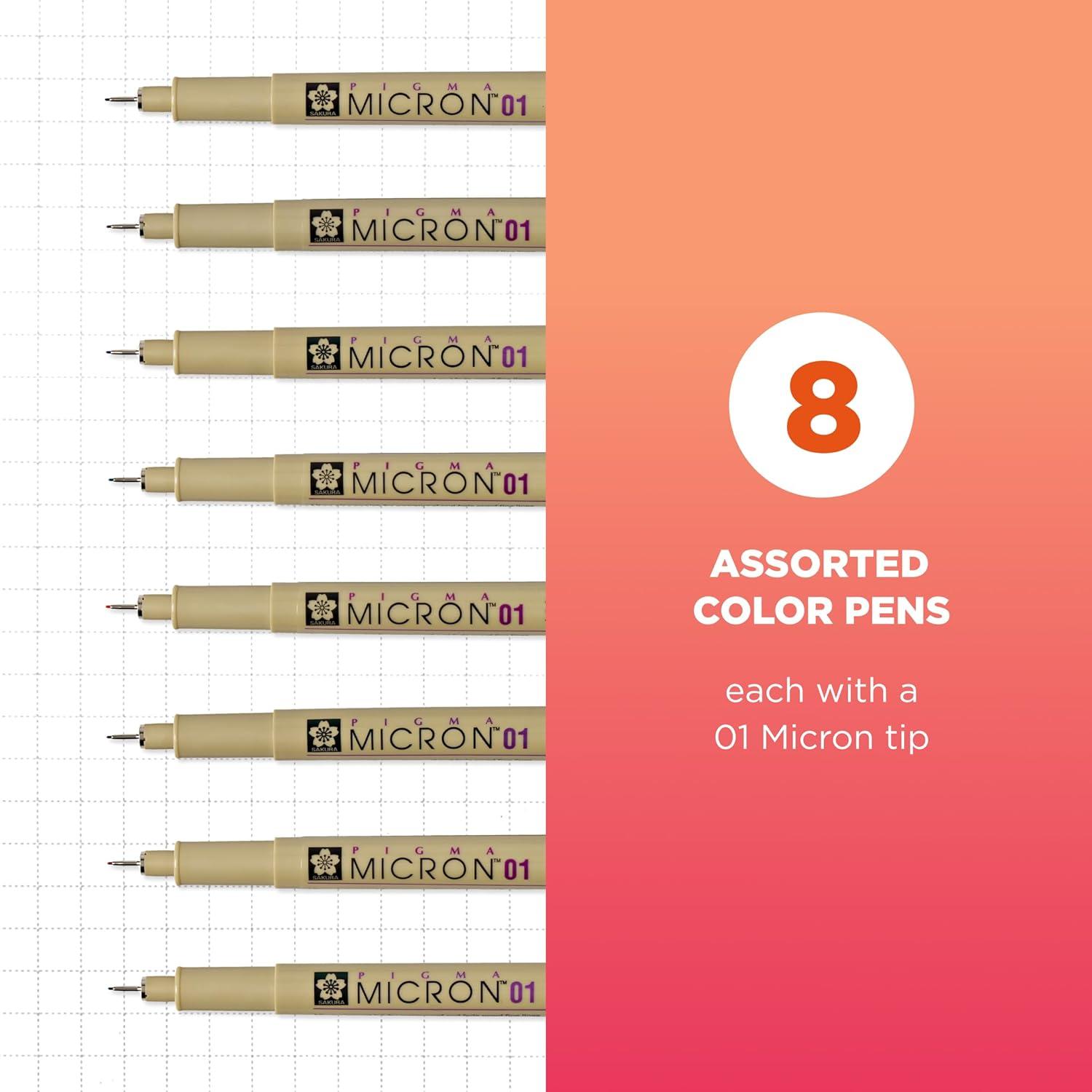 SAKURA Pigma Micron Fineliner Pens – Archival Black and Colored Ink Pens – For Writing, Drawing, or Journaling – Black and Assorted Colored Ink – 08 Nib Size – Fine Line – 8 Pack(01 Tip)