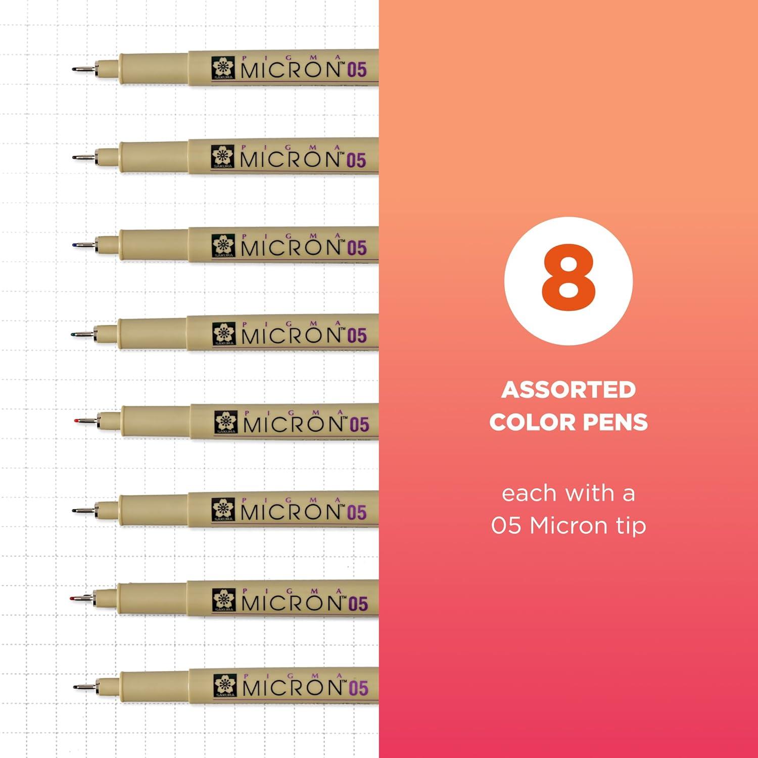 SAKURA Pigma Micron Fineliner Pens – Archival Black and Colored Ink Pens – For Writing, Drawing, or Journaling – Black and Assorted Colored Ink – 08 Nib Size – Fine Line – 8 Pack(05 Tip)