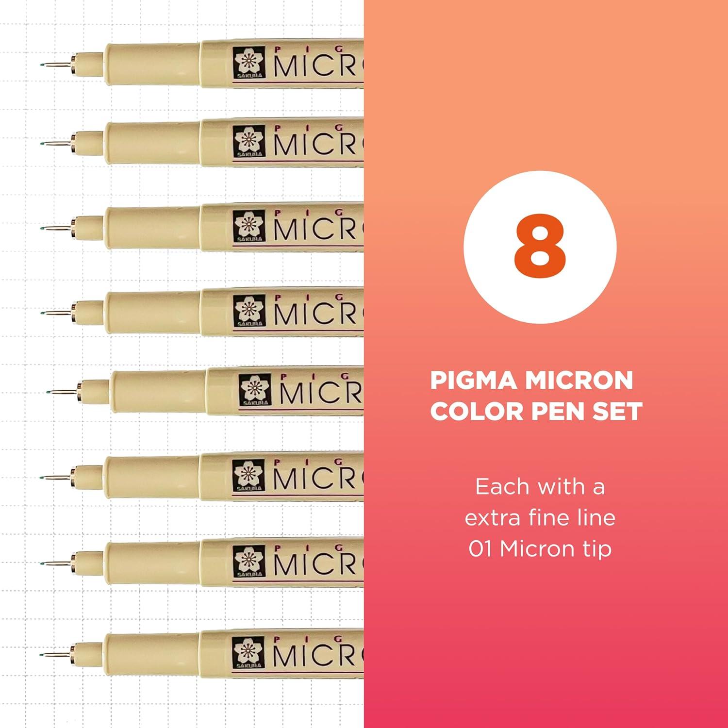 SAKURA Pigma Micron Fineliner Pens – Archival Colored Ink Pens – For Writing, Drawing, or Journaling – Colored Ink – 01 Point Size – 8 Pack