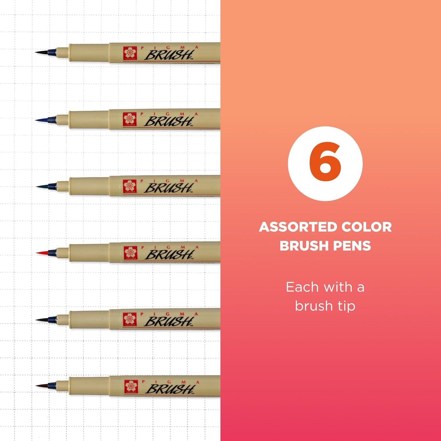 SAKURA Archival Brush Pens, 6 Set, Colors may vary(Black  Blue)