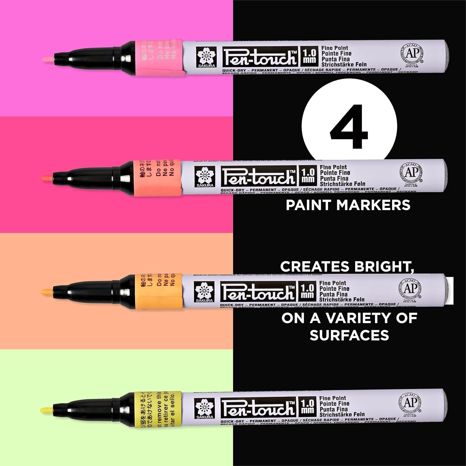 SAKURA Pen-touch Fluorescent Paint Markers, Fine Tip, 4 PK #42393
