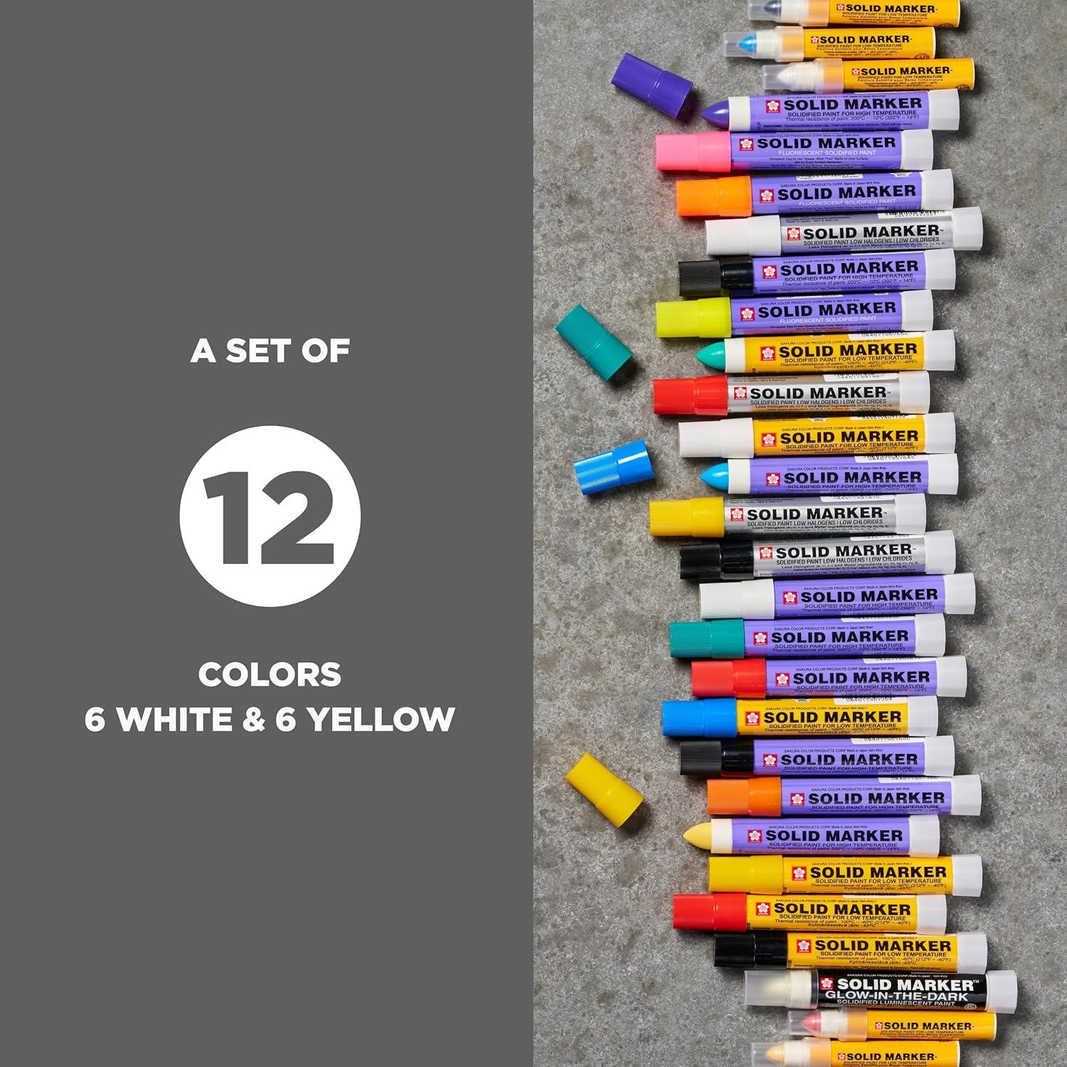 Sakura Solid Paint Markers – 12 Permanent Marker Paint Pens – Window, Wood & Glass Marker – Assorted Colors – 6 White & 6 Yellow – 12 Pack
