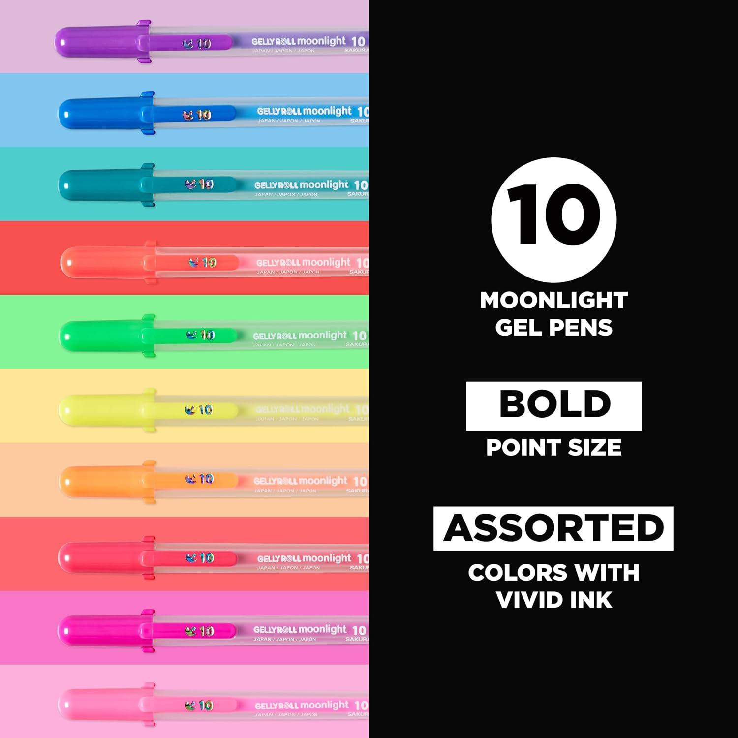 SAKURA Gelly Roll Moonlight 10 Pastel & Opaque Gel Pens – Bold Point Ink Pen for Journaling, Art, Calligraphy, or Drawing – Assorted Pastel Ink – Bold Line – 10 Pack(Bright)
