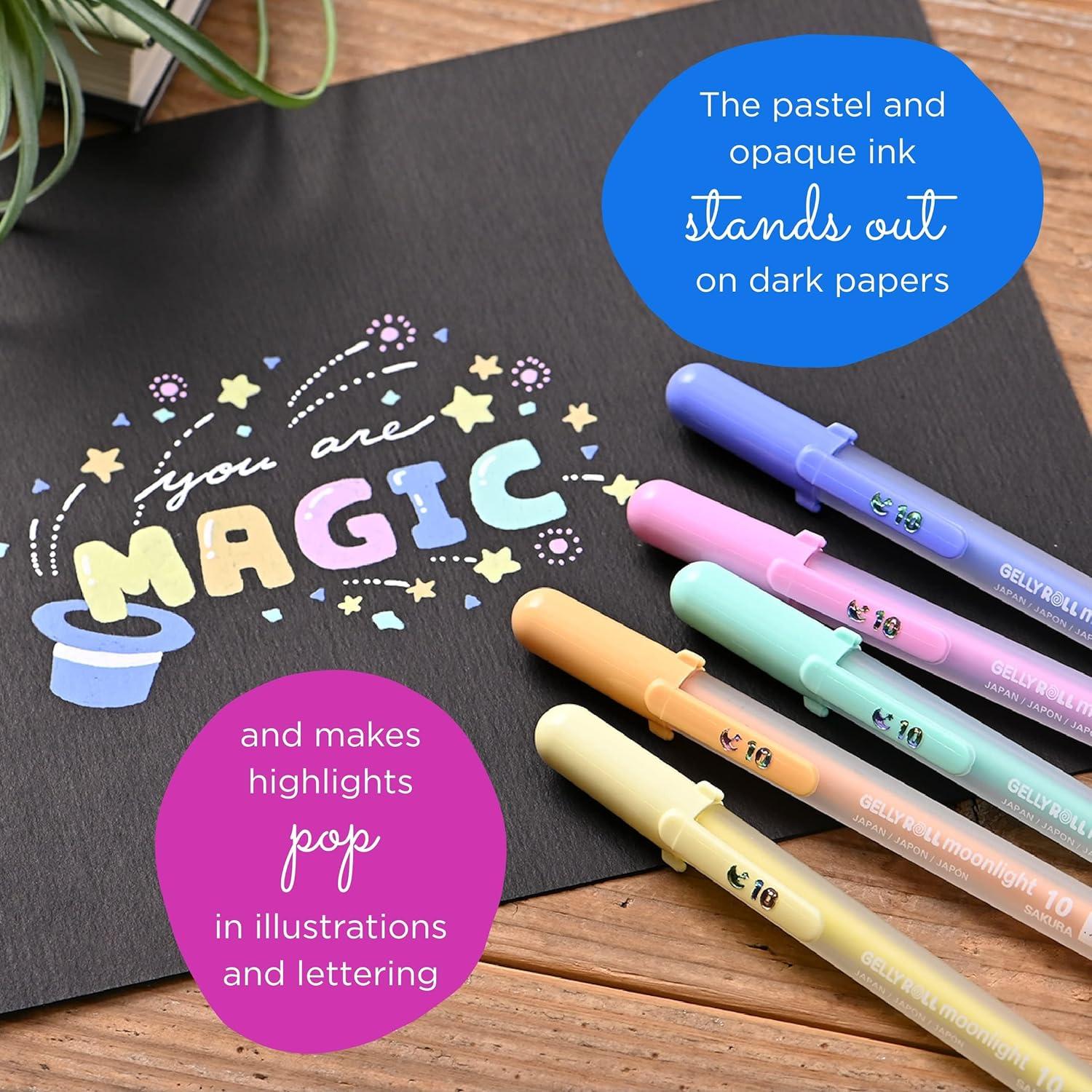 SAKURA Gelly Roll Moonlight 10 Pastel & Opaque Gel Pens – Bold Point Ink Pen for Journaling, Art, Calligraphy, or Drawing – Assorted Pastel Ink – Bold Line – 10 Pack(Green orange pink yellow)