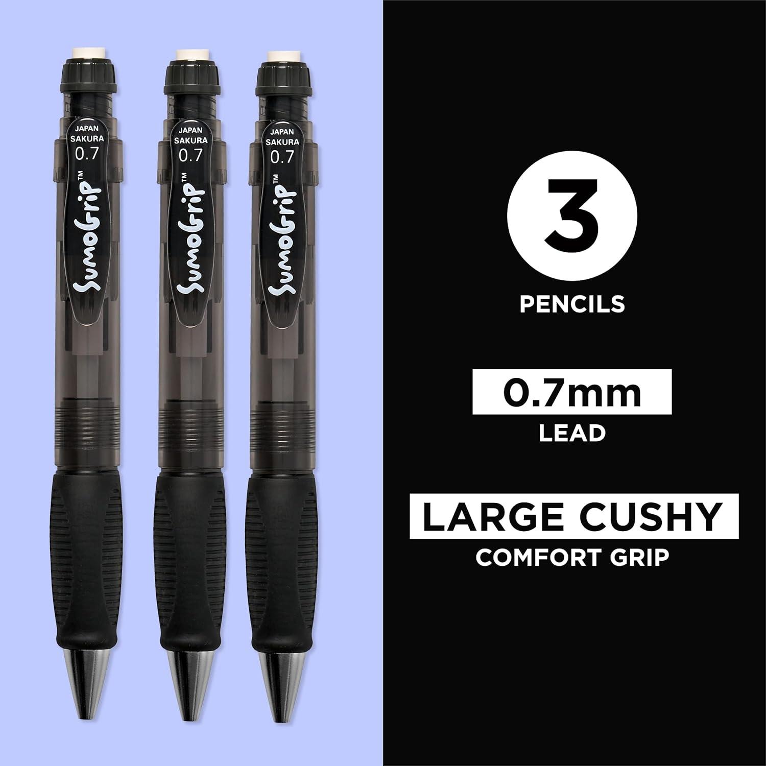 SAKURA SumoGrip Pencil with Comfort Grip – 0.7 mm Ergonomic Mechanical Pencil – Clear Gray – 3 Pack(Grey)