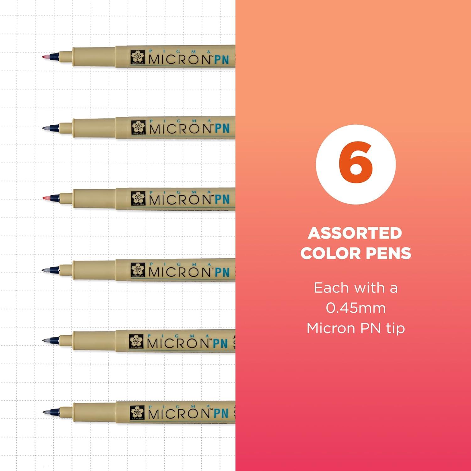 SAKURA Micron PN Soft Nib, 6 Ass’t Archival Colors, 50221(6 Pen Pack)