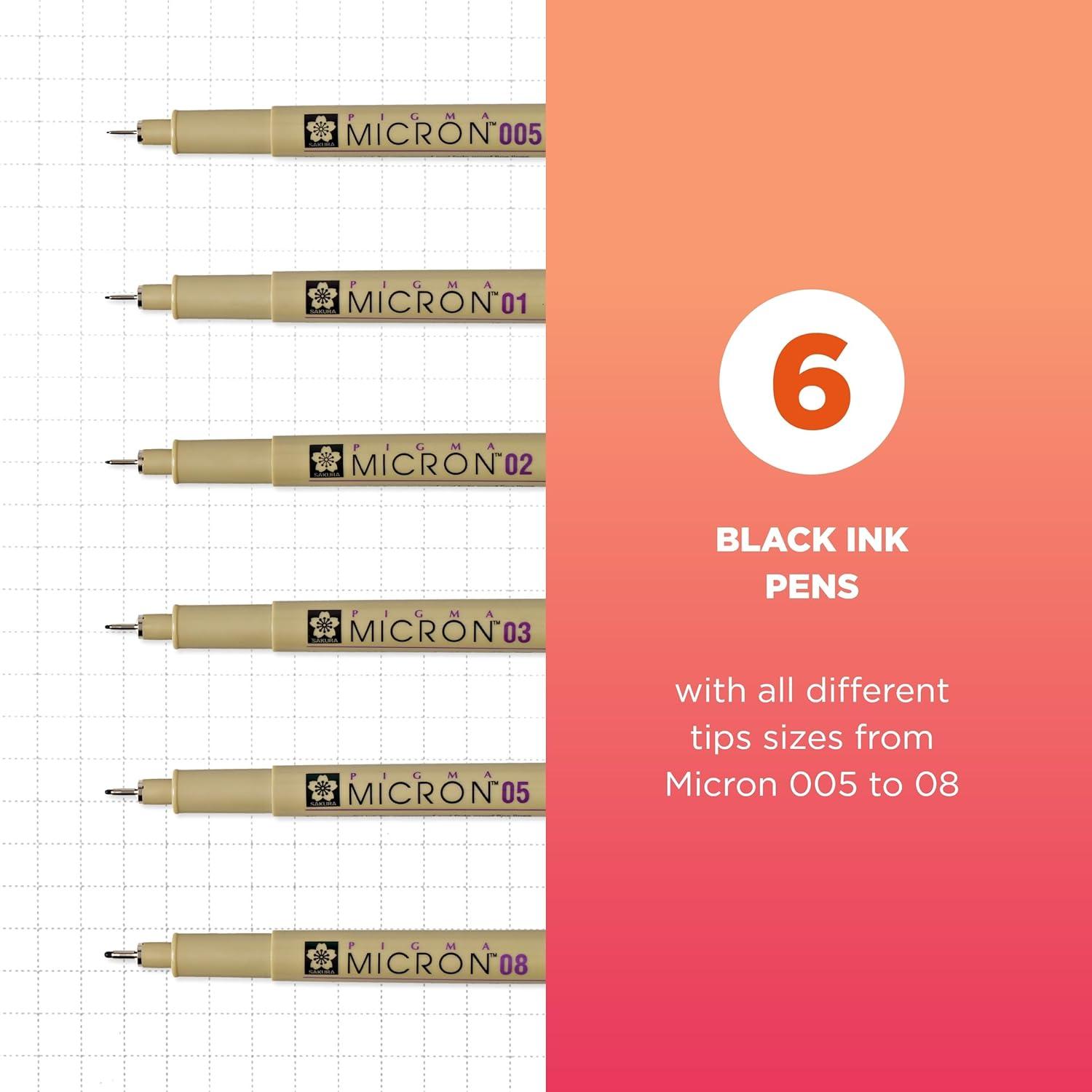 SAKURA Pigma Micron Fineliner Pens – Archival Black Ink Pens – Pens for Writing, Drawing, or Journaling – Assorted Point Sizes – 6 Pack(Black)
