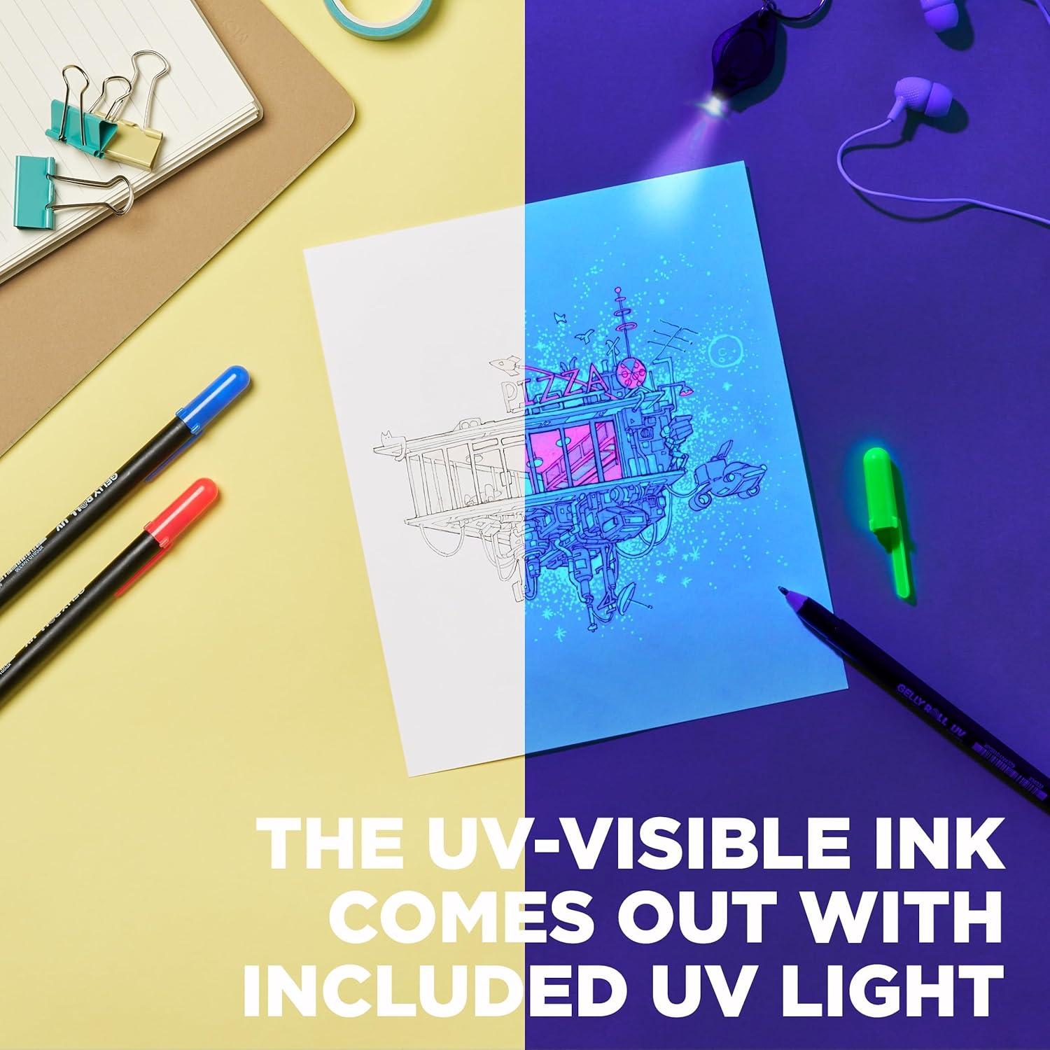 SAKURA Gelly Roll UV Pen – UV Gel Invisible Ink – With Keychain Flashlight – For Art or Drawing – Red, Green & Blue – 9 Pens, 3 Lights