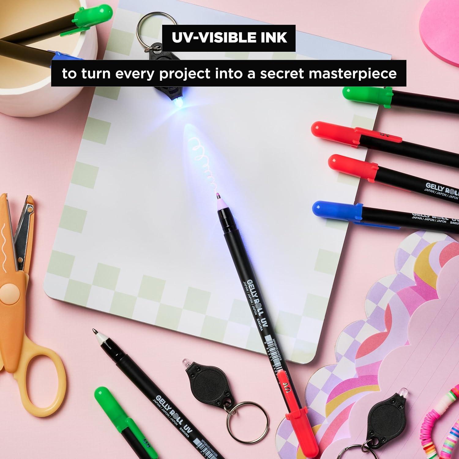 SAKURA Gelly Roll UV Pen – UV Gel Invisible Ink – With Keychain Flashlight – For Art or Drawing – Red, Green & Blue – 9 Pens, 3 Lights