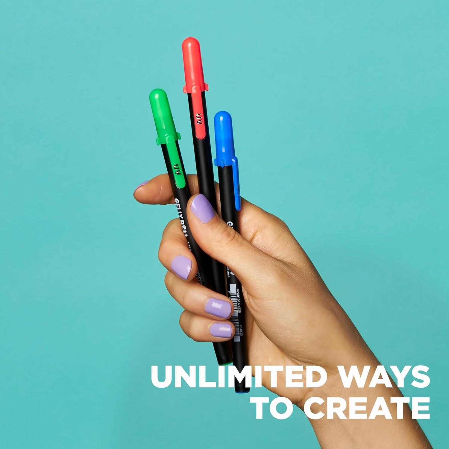 SAKURA Gelly Roll UV Pen – UV Gel Invisible Ink – With Keychain Flashlight – For Art or Drawing – Red, Green & Blue – 9 Pens, 3 Lights