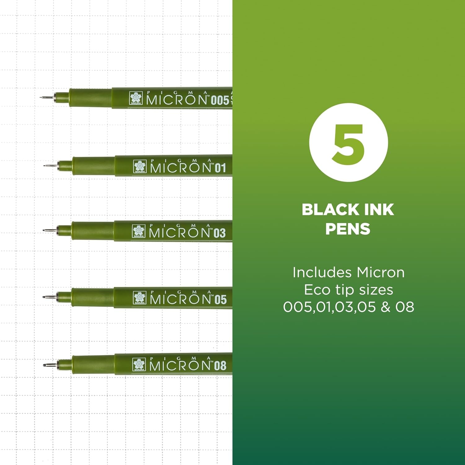SAKURA Pigma Micron ECO Fineliner – Fineliner Pen Set for Fine Detail Work, Sketching & Illustration – Archival Ink – Precision Tip – Professional Quality – Black – 5 Count