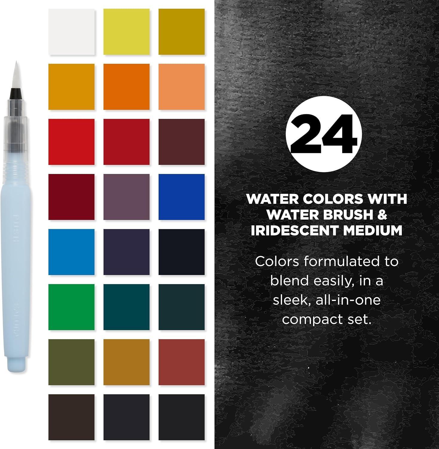 SAKURA Koi Pocket Field Sketch Kit – Watercolor Sets for Painting On the Go – 24 Colors + Iridescent Medium 5 mL Tube – 1 Water Brush – 1 Sponge – 1 Palette