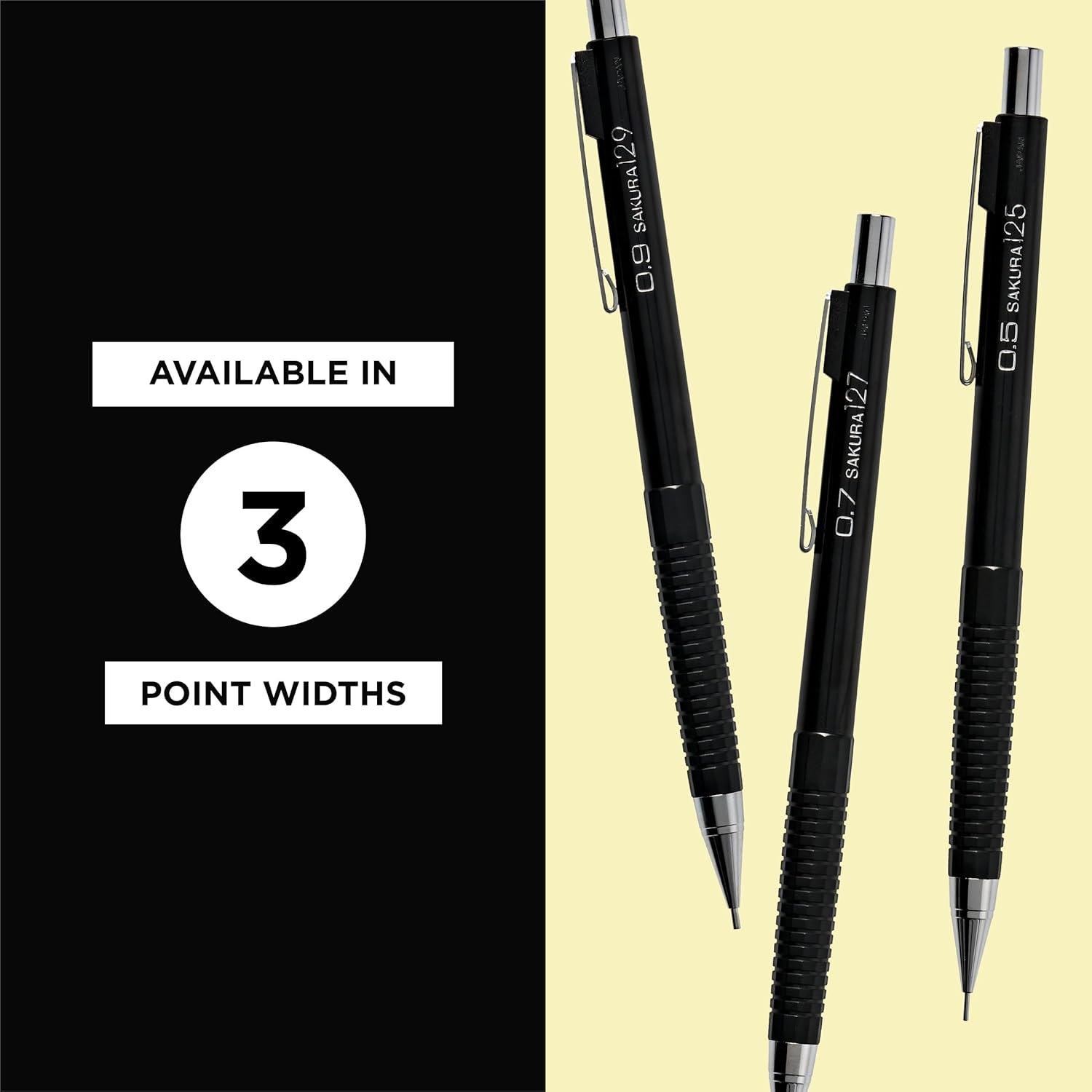 SAKURA 50297 Mechanical Pencil Fixed Sleeve 0.5-mm with 3 Erasers, Black(0.9mm Pencil)
